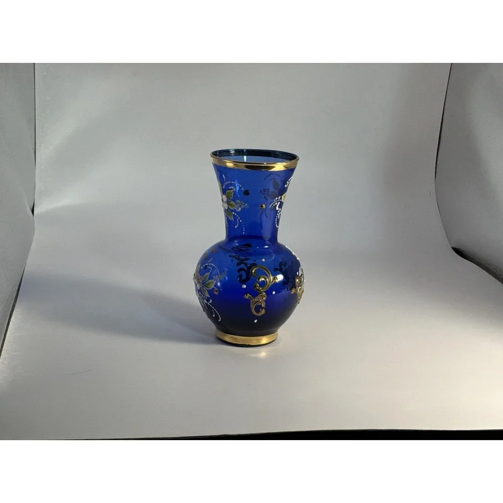 Cobalt Glass Blue Raised Enamel Floral Painting Gilded Gold‎ Filigree